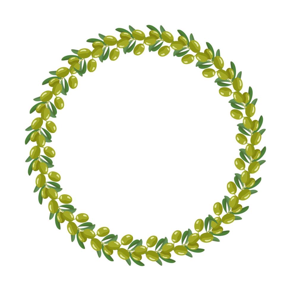 Wreath of branch green olives with fruits and leaves. Round frame, Greek traditional food. Holiday decorations for wedding, holiday, postcard, poster and design. Vector illustration