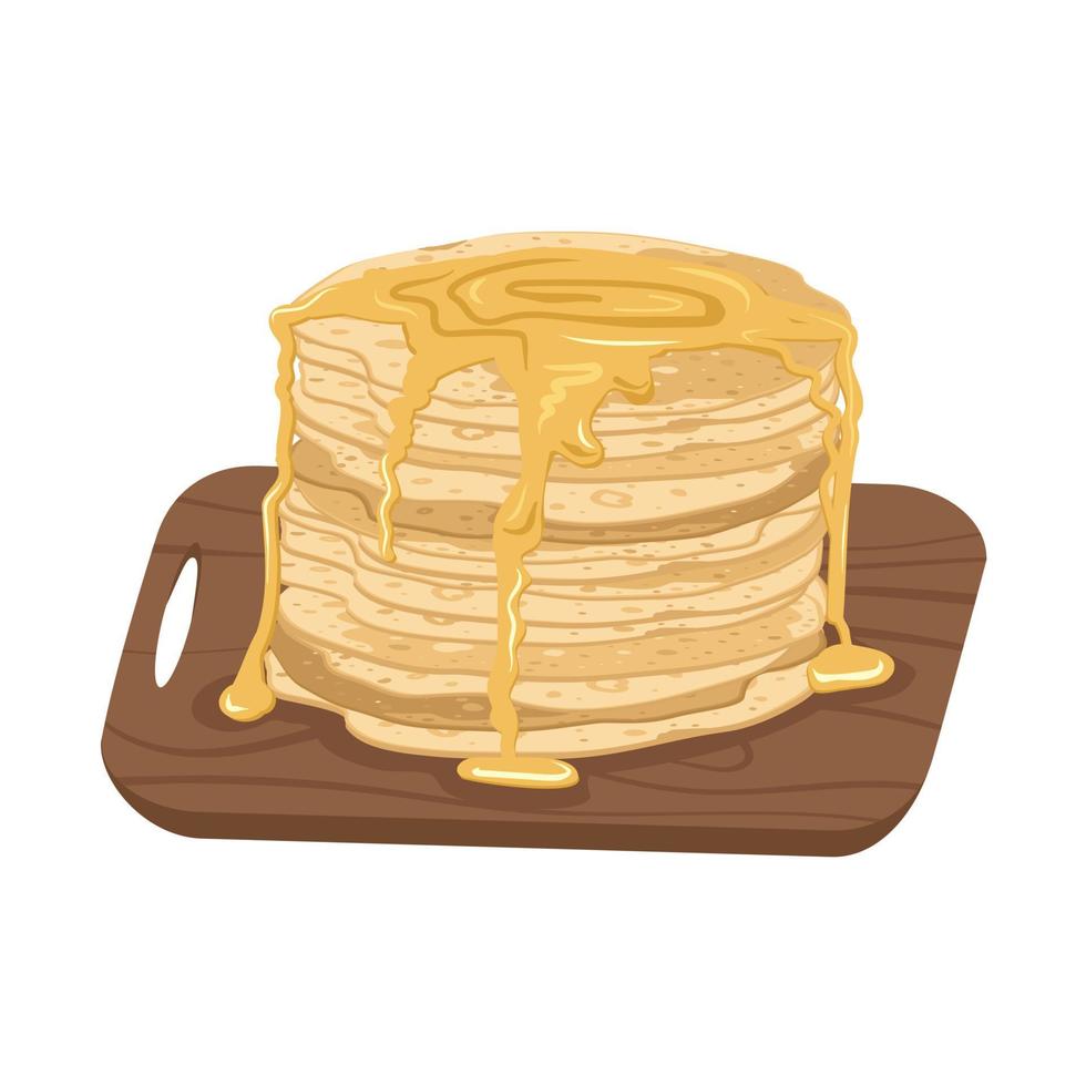 Thin pancakes with sweet honey on wooden board. Festive dish for Maslenitsa, carnival and Shrovetide. Delicious pastries. Vector flat illustration