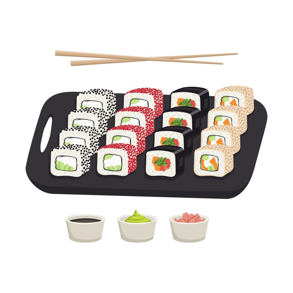 Set with japanese sushi dish, rolls. Delicious oriental traditional food on black tray with chopsticks, ginger, wasabi and soy sauce. Vector flat food illustration