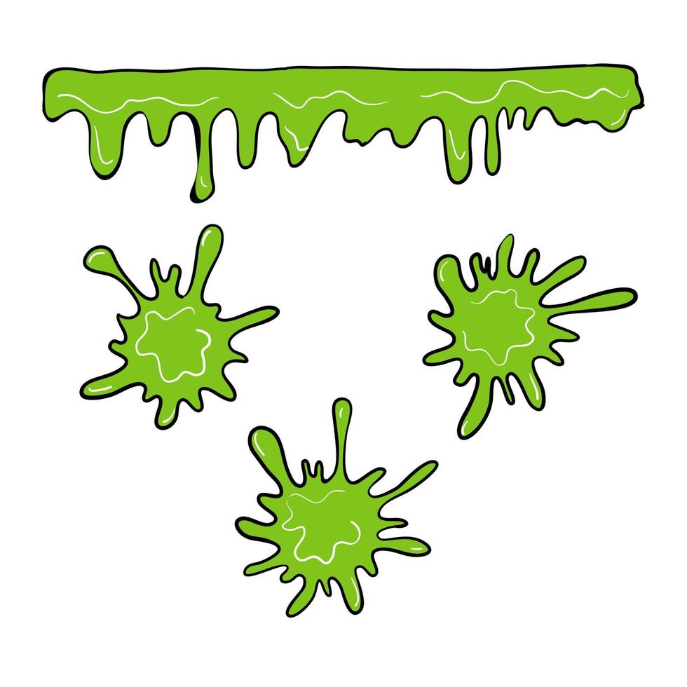 Illustration of splatter and dribble, spot and drop, slime and blob. Dripping slime. Green dirt splat, goo dripping splodges of slime. Halloween ooze, mucus isolated vector set with doodle style.