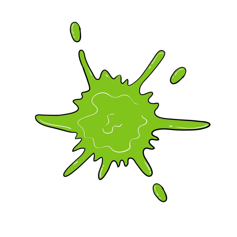 Illustration of splatter and dribble, spot and drop, slime and blob. Dripping slime. Green dirt splat, goo dripping splodges of slime. Halloween ooze, mucus isolated vector set with doodle style.