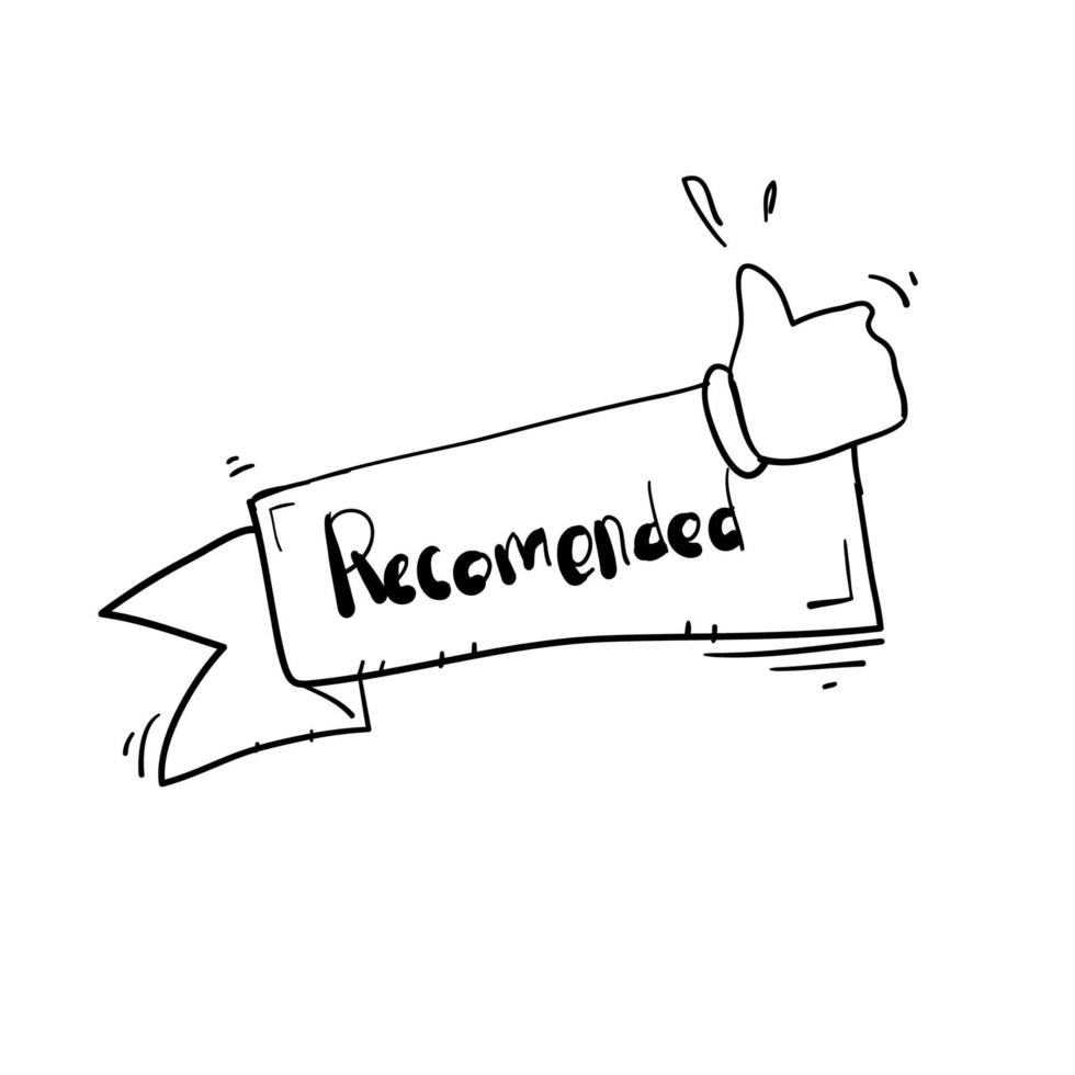 banner recommended with thumbs up handdrawn doodle cartoon style vector