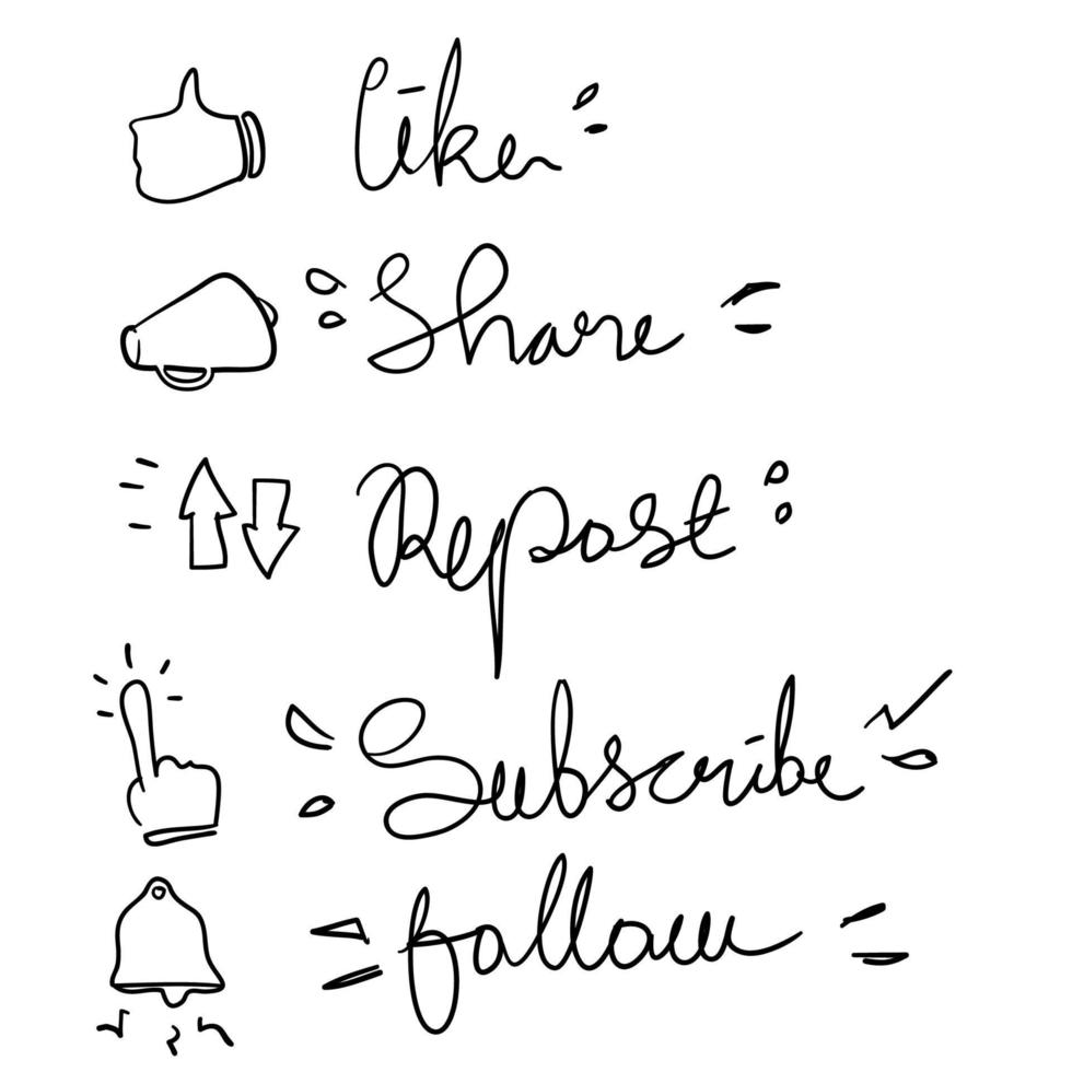 set of like share repost subscribe follow hand lettering illustration doodle vector