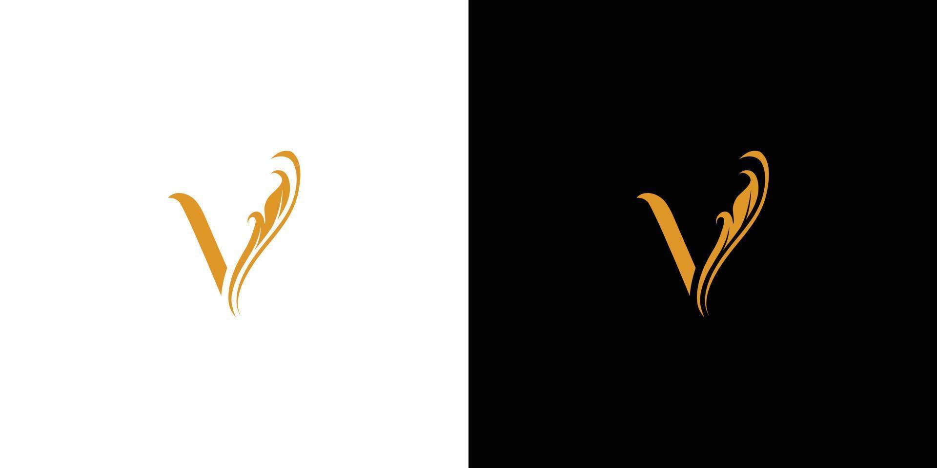 el diseño inicial del logotipo de la letra v combinado con adornos de hojas únicos y elegantes vector