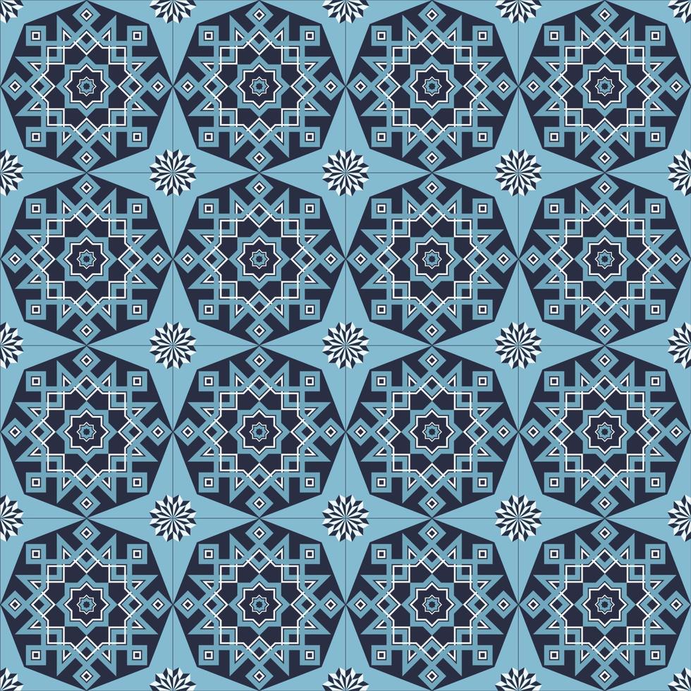 Islamic geometric star and flower shape seamless pattern blue color background. Batik sarong pattern. Use for fabric, textile, interior decoration elements, wrapping. vector