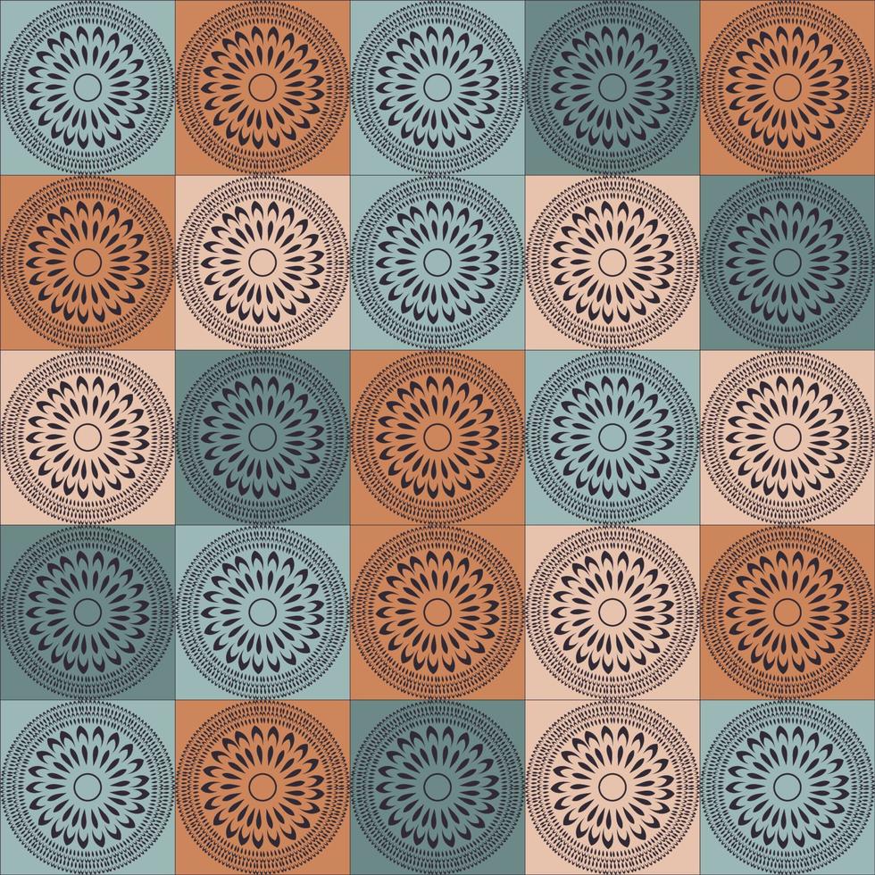 forma de círculo de flores tribales étnicas en un fondo de patrón sin costuras de rejilla cuadrada de colores aleatorios. uso para telas, textiles, elementos de decoración de interiores, tapicería, envoltura. vector