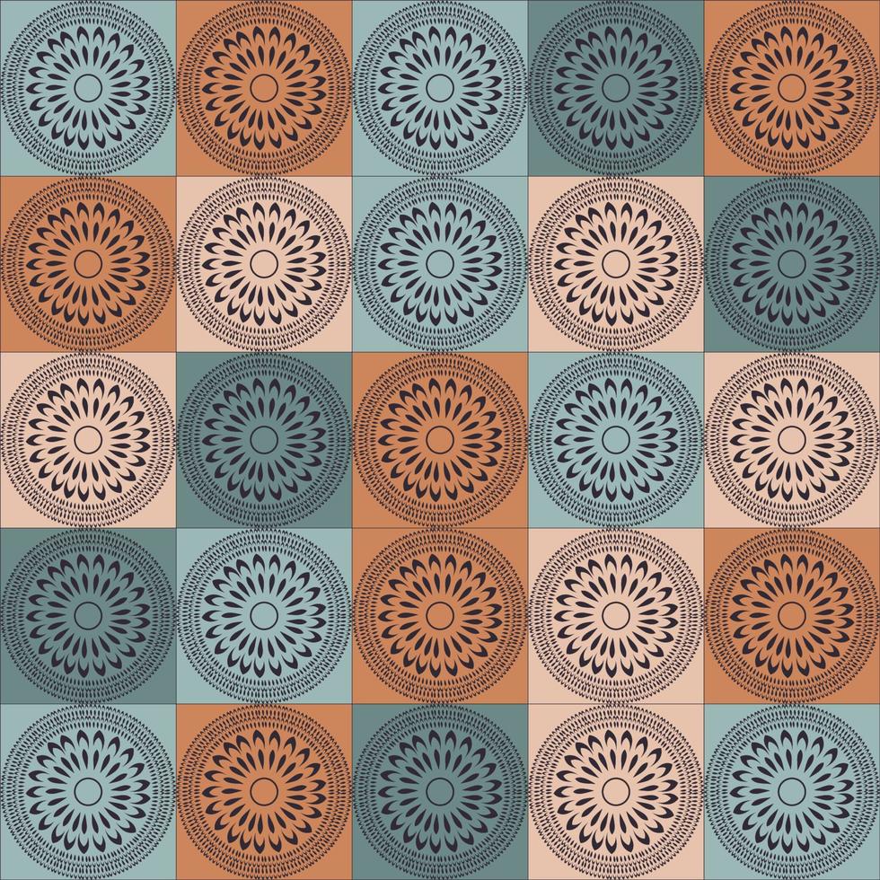 Ethnic tribal flower circle shape in random colorful square grid seamless pattern background. Use for fabric, textile, interior decoration elements, upholstery, wrapping. vector