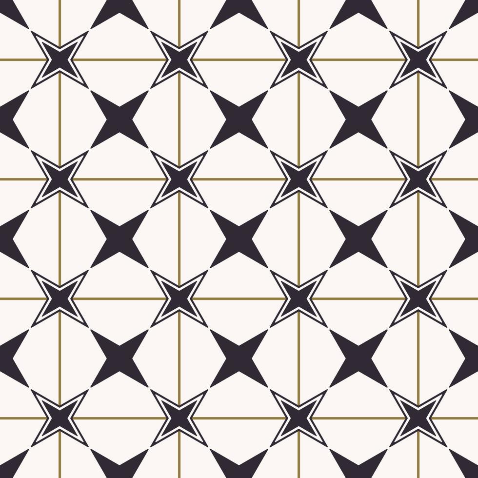 Geometric black color 4-point star on gold line checkered grid seamless background. Neo classic pattern. Use for fabric, textile, interior decoration elements, upholstery, wrapping. vector