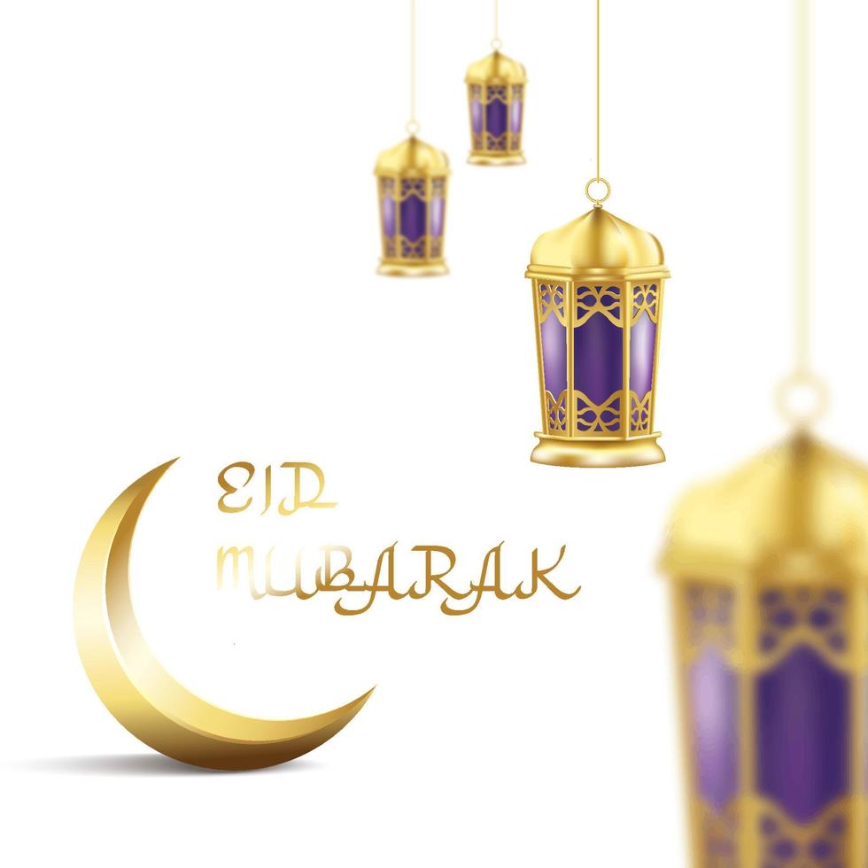 Eid Mubarak greeting design with golden lantern. Vector