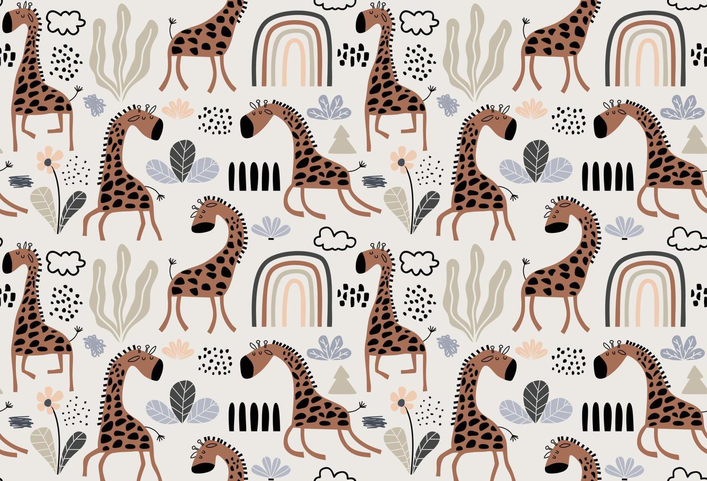 hand-drawn colored childish seamless repeating simple pattern with cute giraffes vector