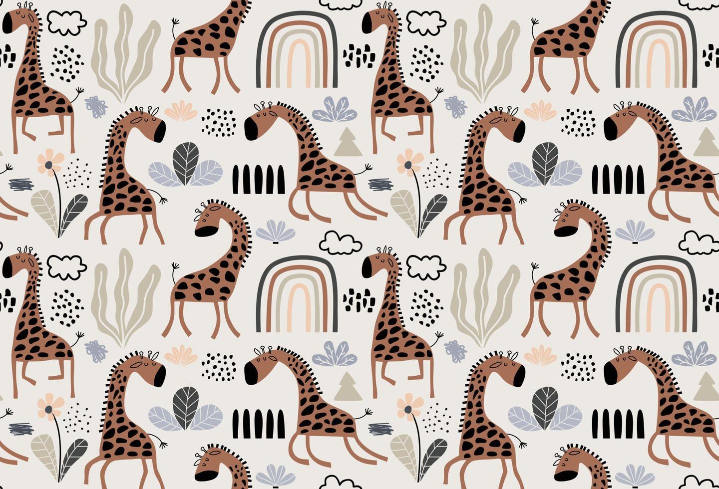 hand-drawn colored childish seamless repeating simple pattern with cute giraffes vector