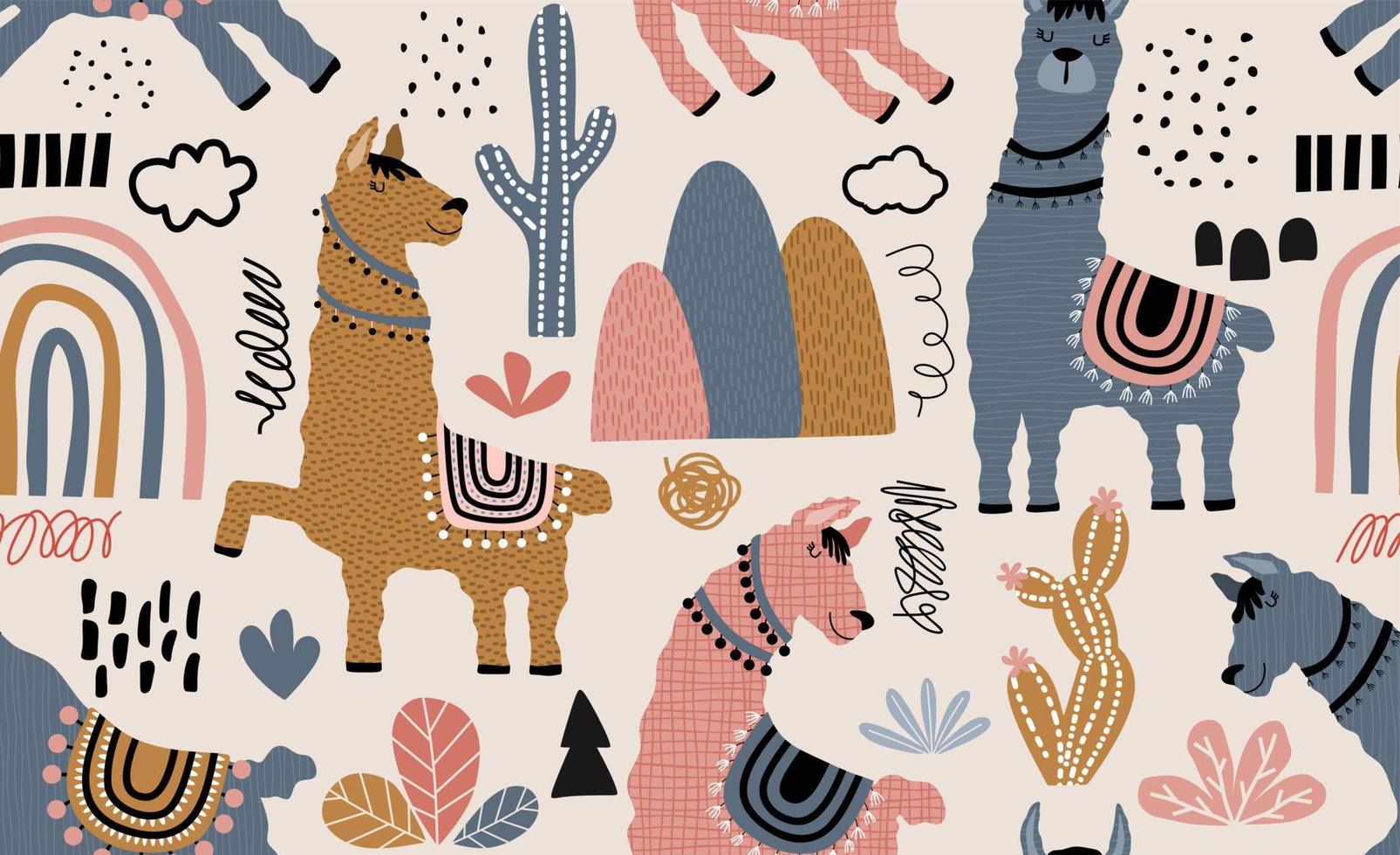 Seamless pattern with llama, cactus and hand drawn elements. vector