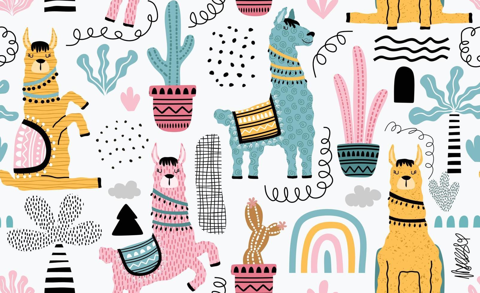 Seamless pattern with llama, cactus and hand drawn elements. vector
