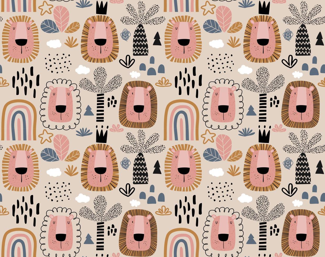 Seamless pattern with cute cartoon lion. vector