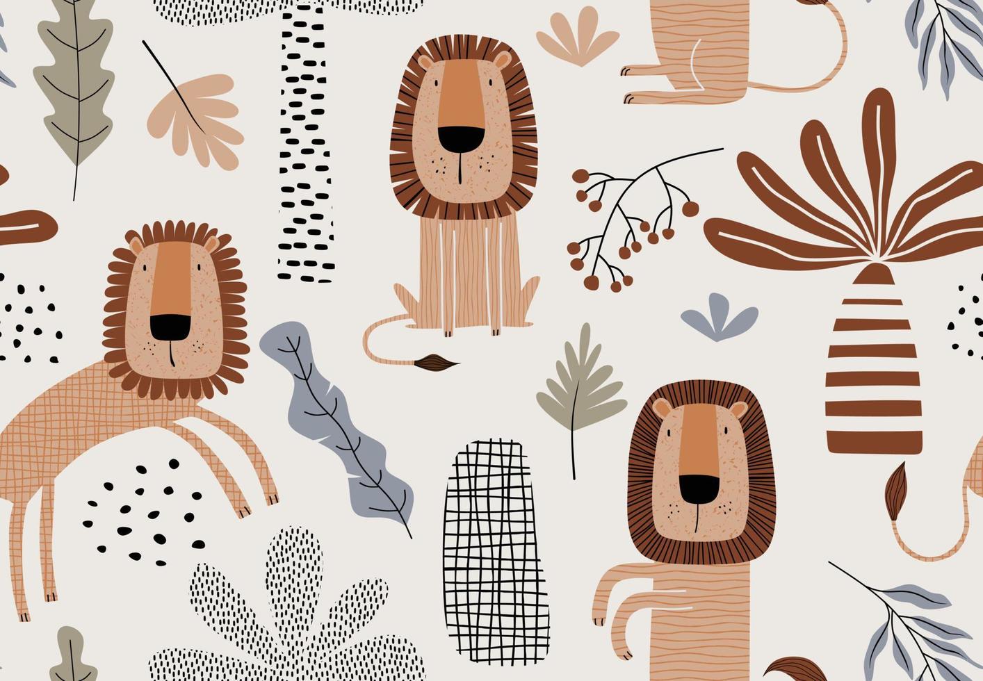 Seamless pattern with cute cartoon lion. vector