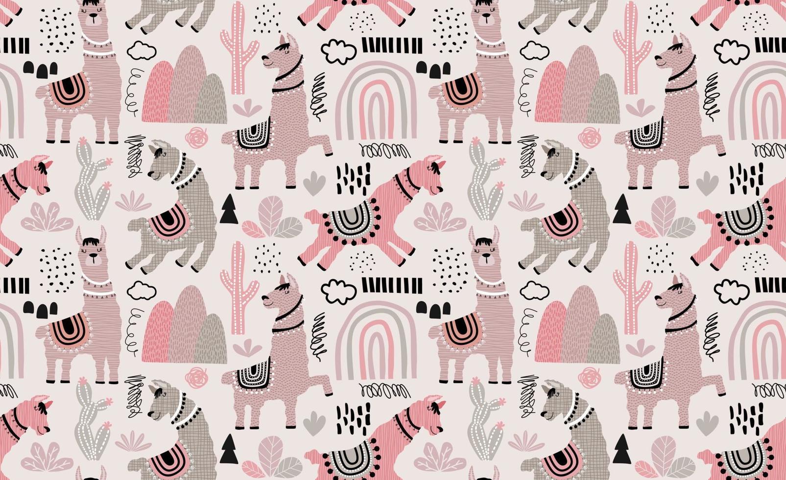 Seamless pattern with llama, cactus and hand drawn elements. vector