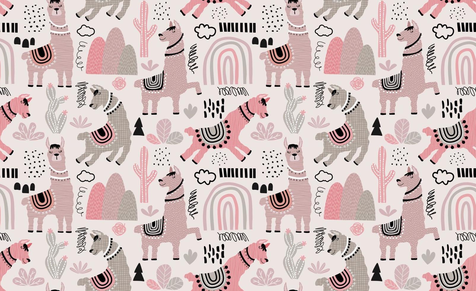 Seamless pattern with llama, cactus and hand drawn elements. vector