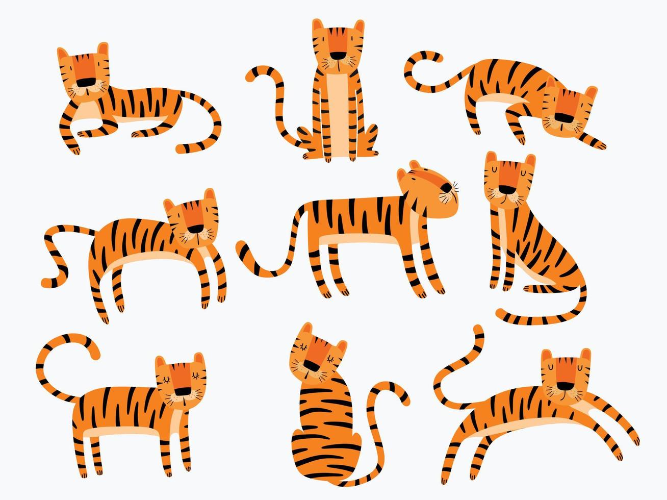 lindo personaje de tigre en diferentes poses aislado en un fondo blanco. vector