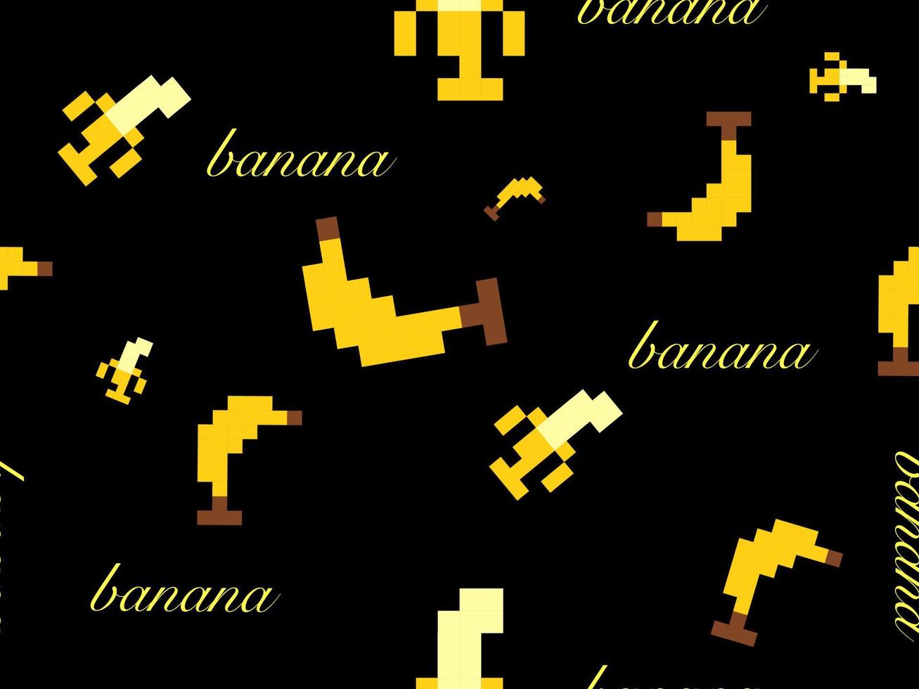Banana cartoon character seamless pattern on black background.Pixel style vector