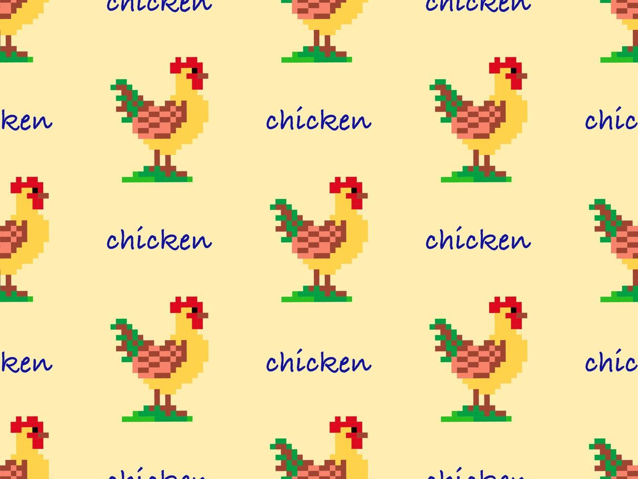 personaje de dibujos animados de pollo de patrones sin fisuras sobre fondo amarillo.estilo de píxel vector