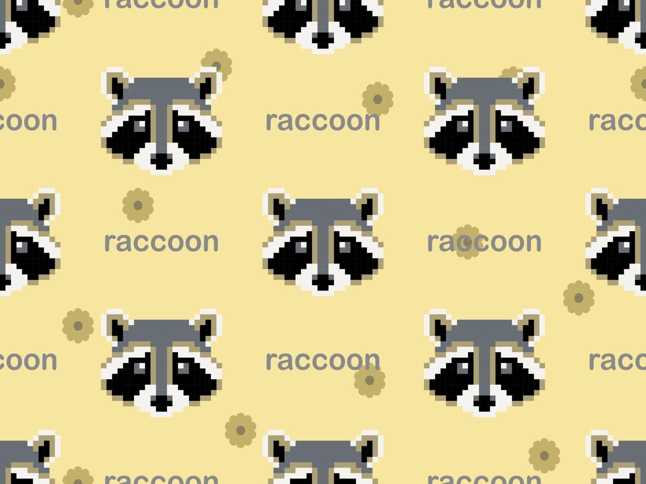 raccoon cartoon character seamless pattern on yellow background. Pixel style vector