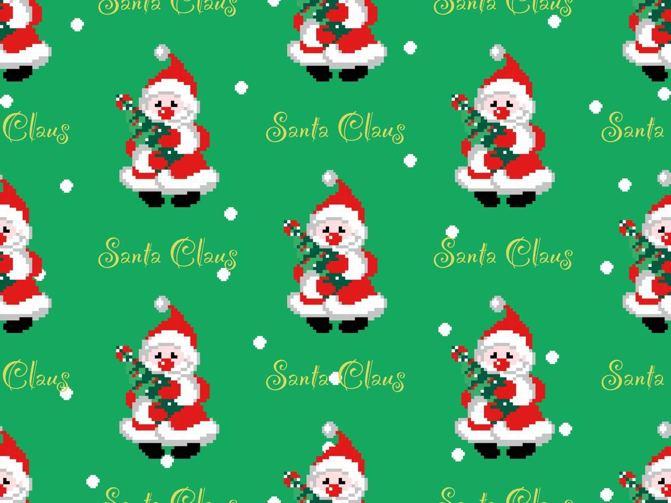 christmas seamless pattern on green background, santa claus, christmas tree vector