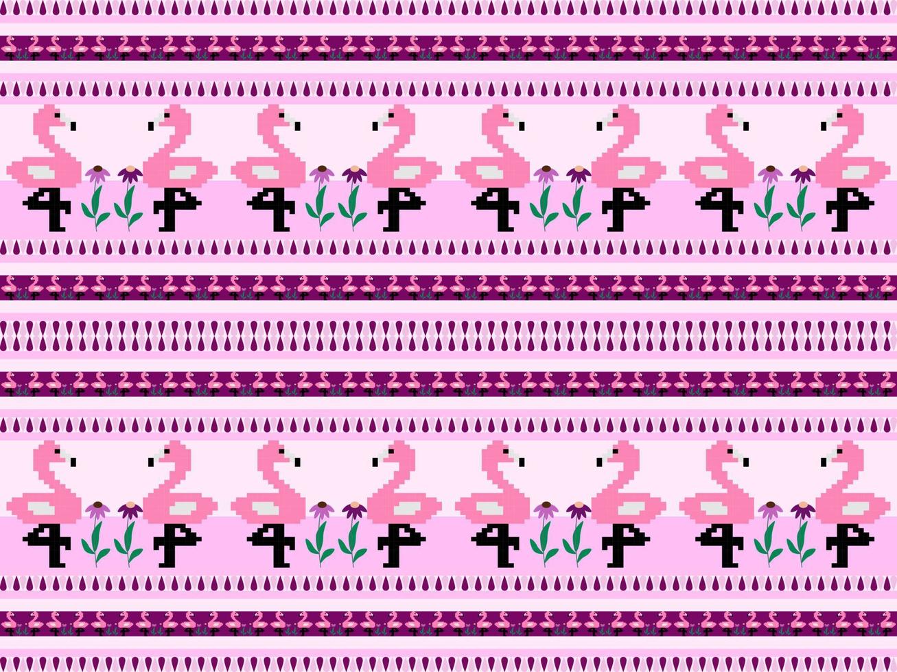 flamingo cartoon character seamless pattern on pink background. Pixel style vector