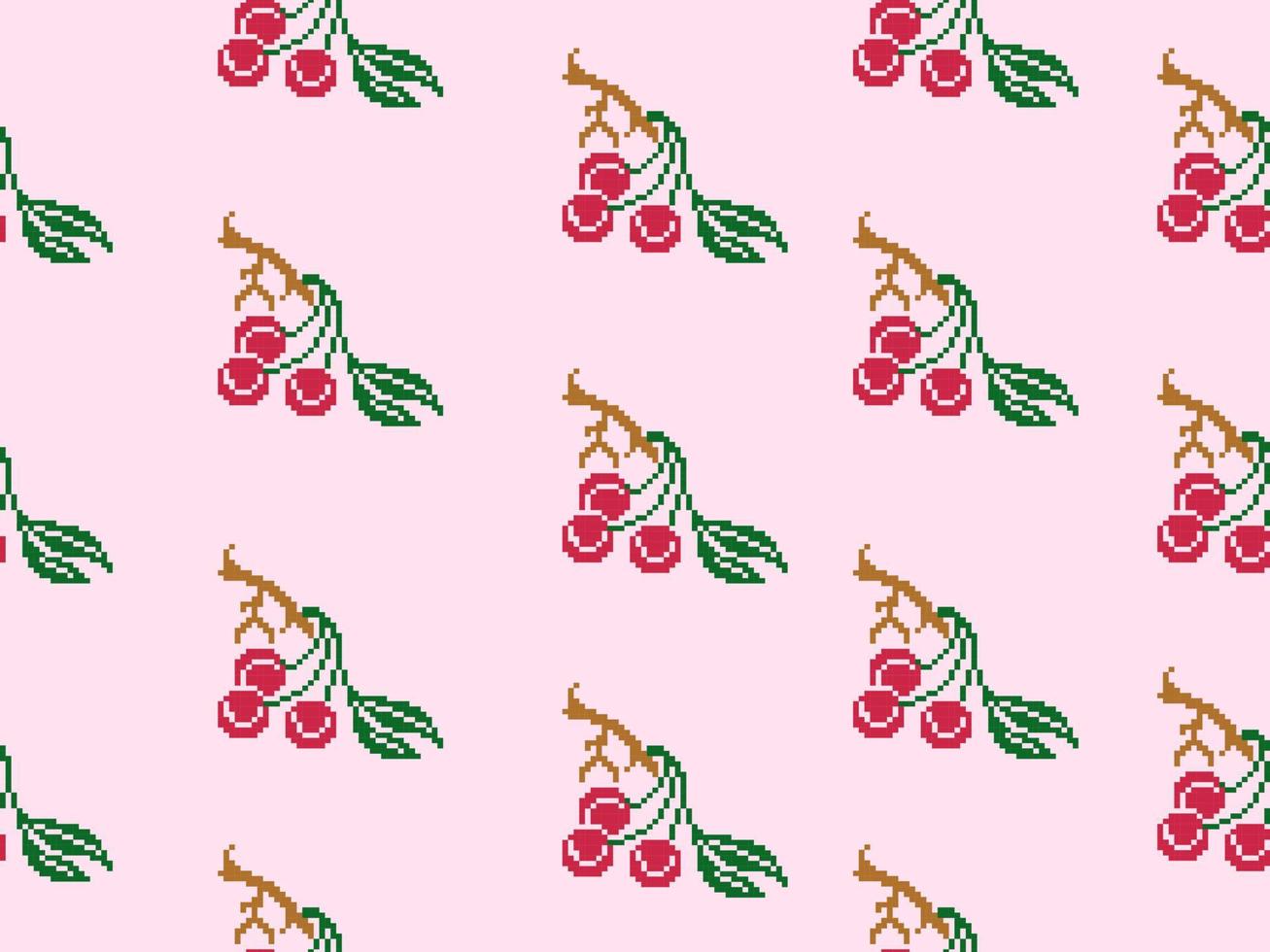 Cherry cartoon character seamless pattern on pink background.Pixel style vector