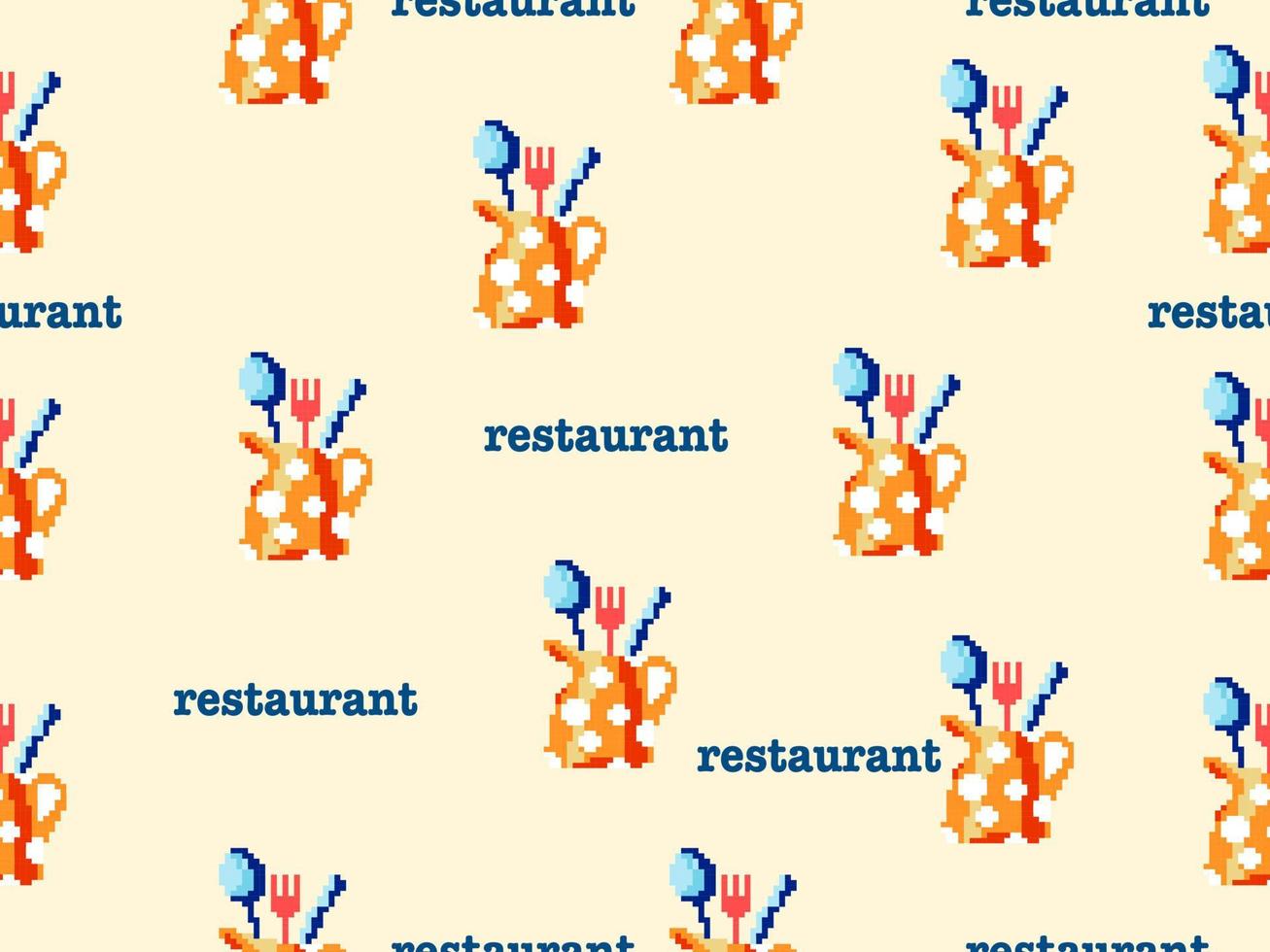 spoon and fork cartoon character seamless pattern on orange background.Pixel style vector