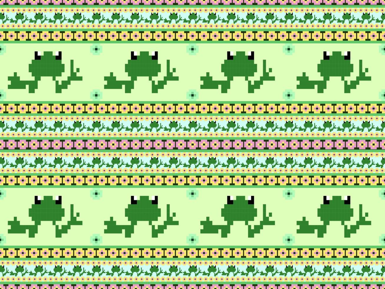 Frog cartoon character seamless pattern on green background.Pixel style vector