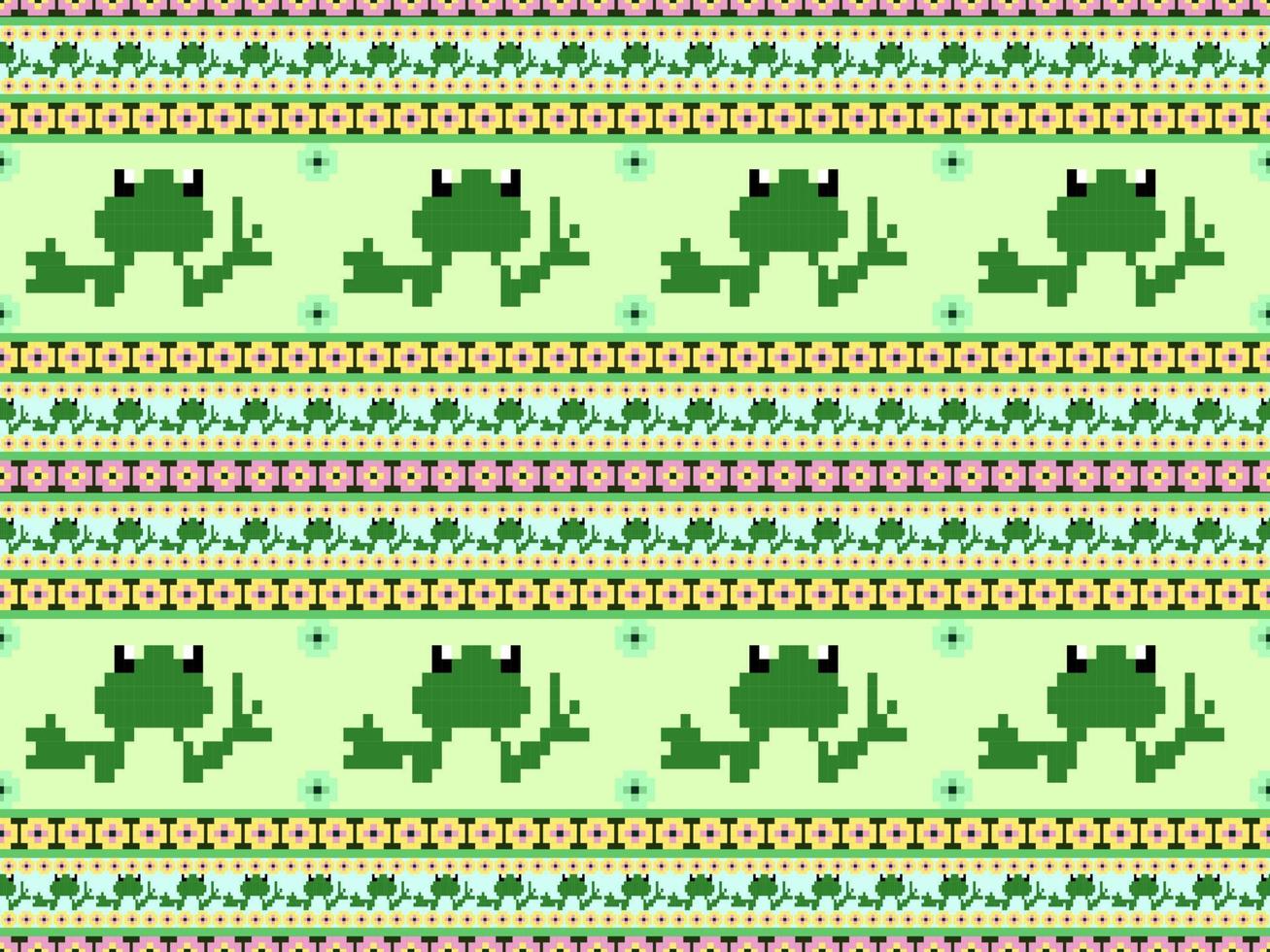 Frog cartoon character seamless pattern on green background.Pixel style vector