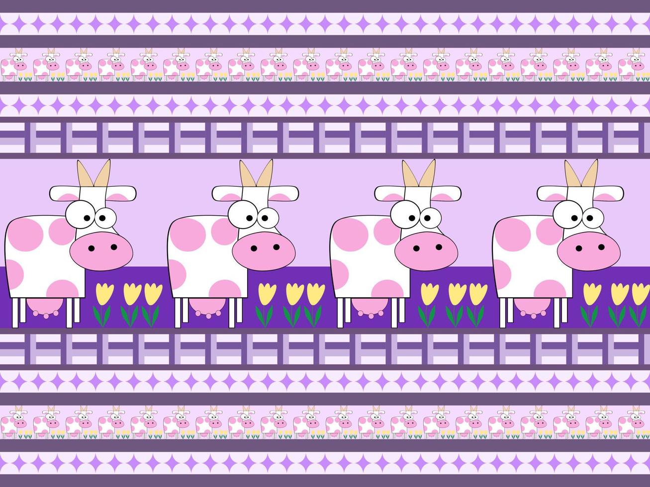 Cow cartoon character seamless pattern on purple background vector