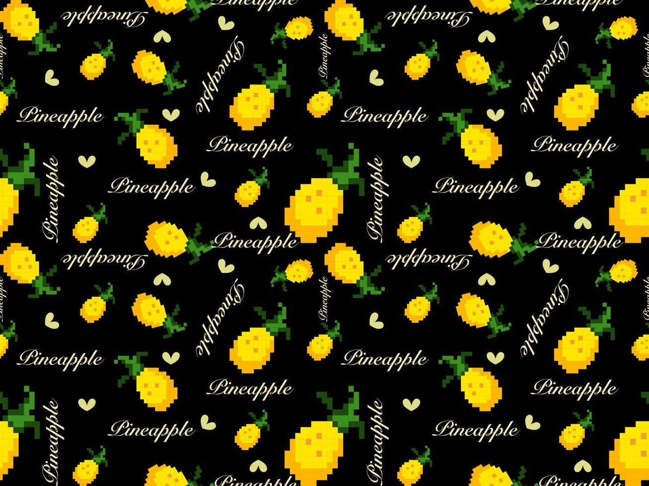 Pineapple cartoon character seamless pattern on black background. Pixel style vector