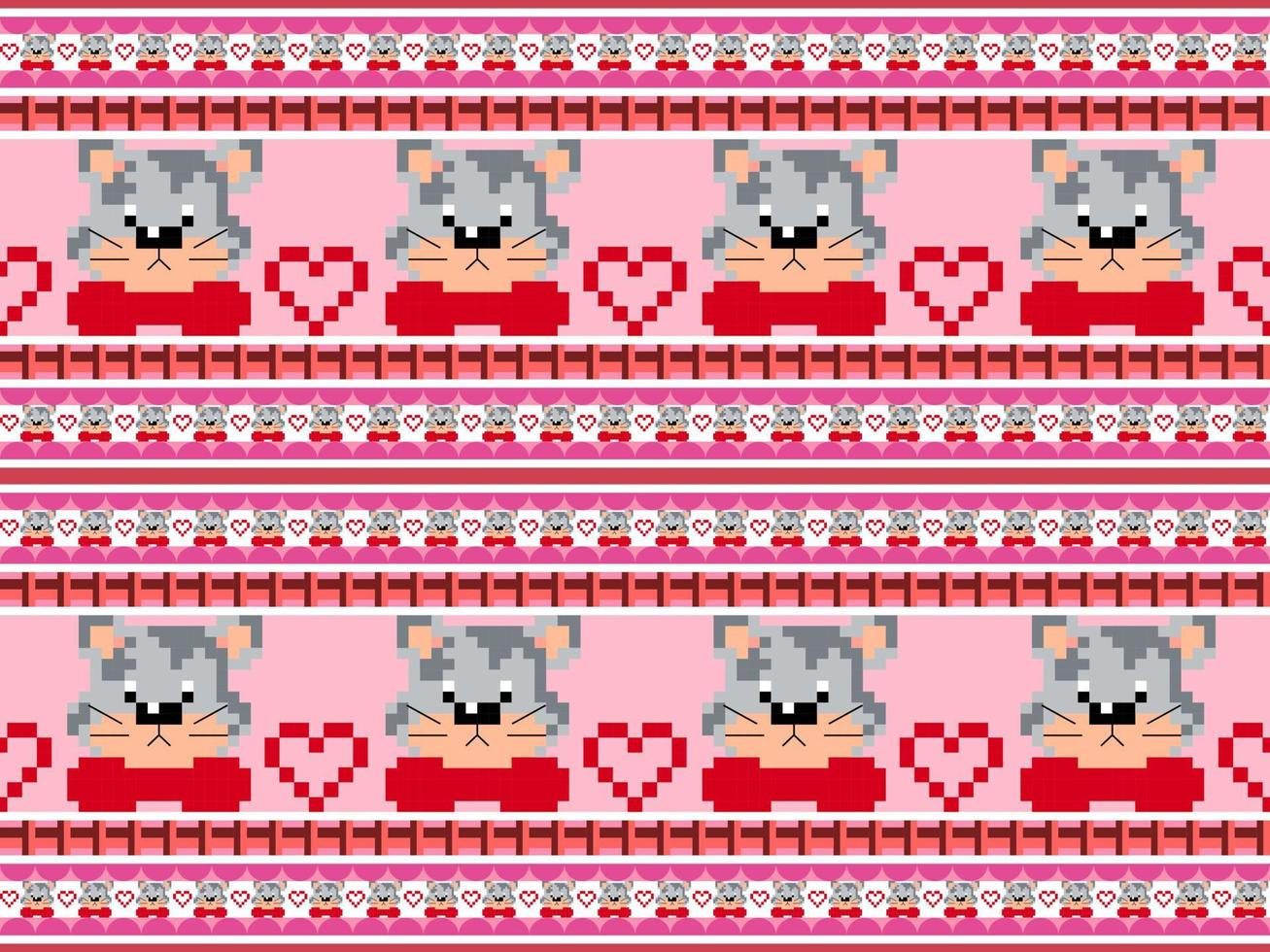 Cat cartoon character seamless pattern on pink background. Pixel styles vector