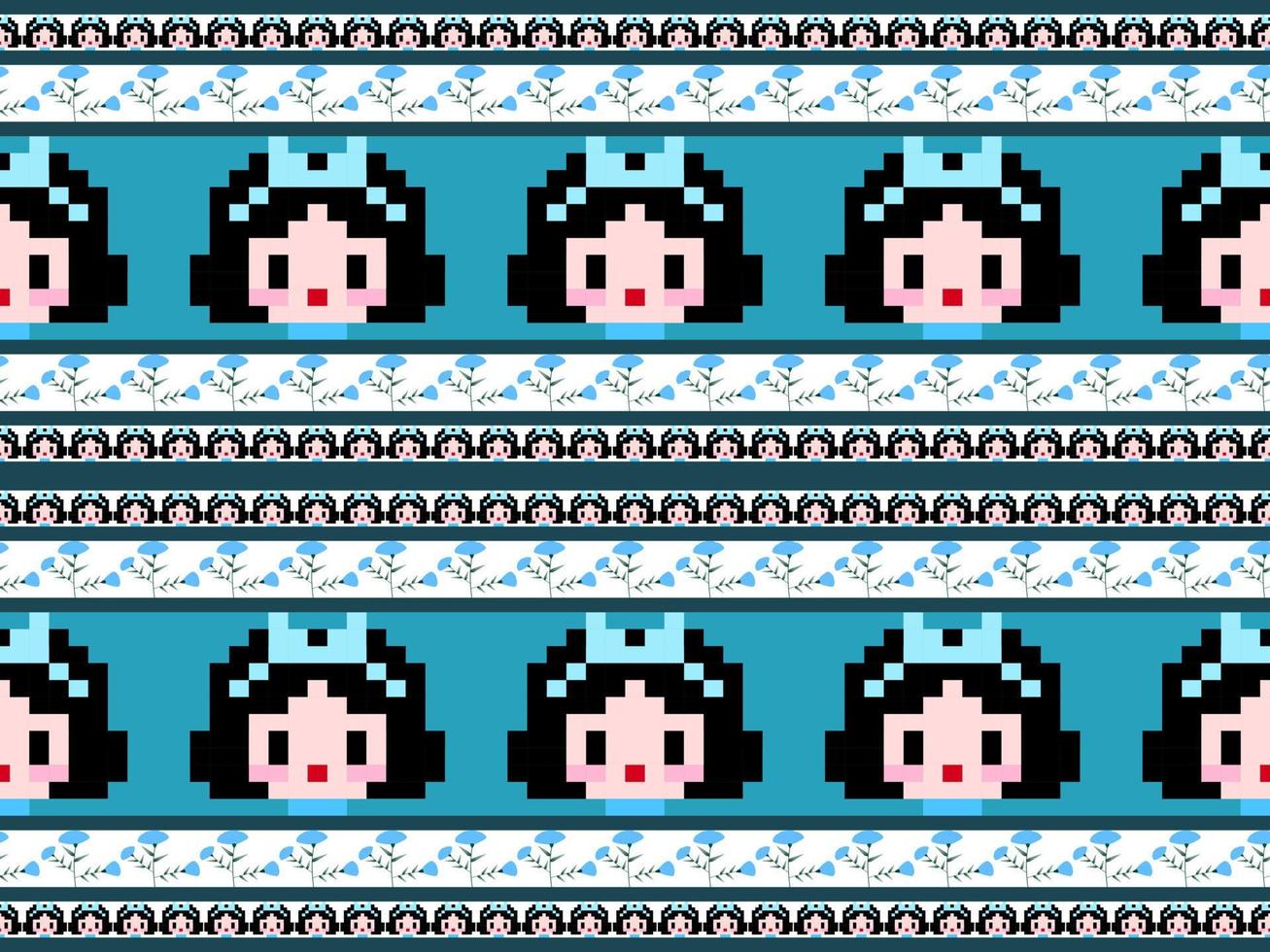 Girl cartoon character seamless pattern on blue background.Pixel style vector