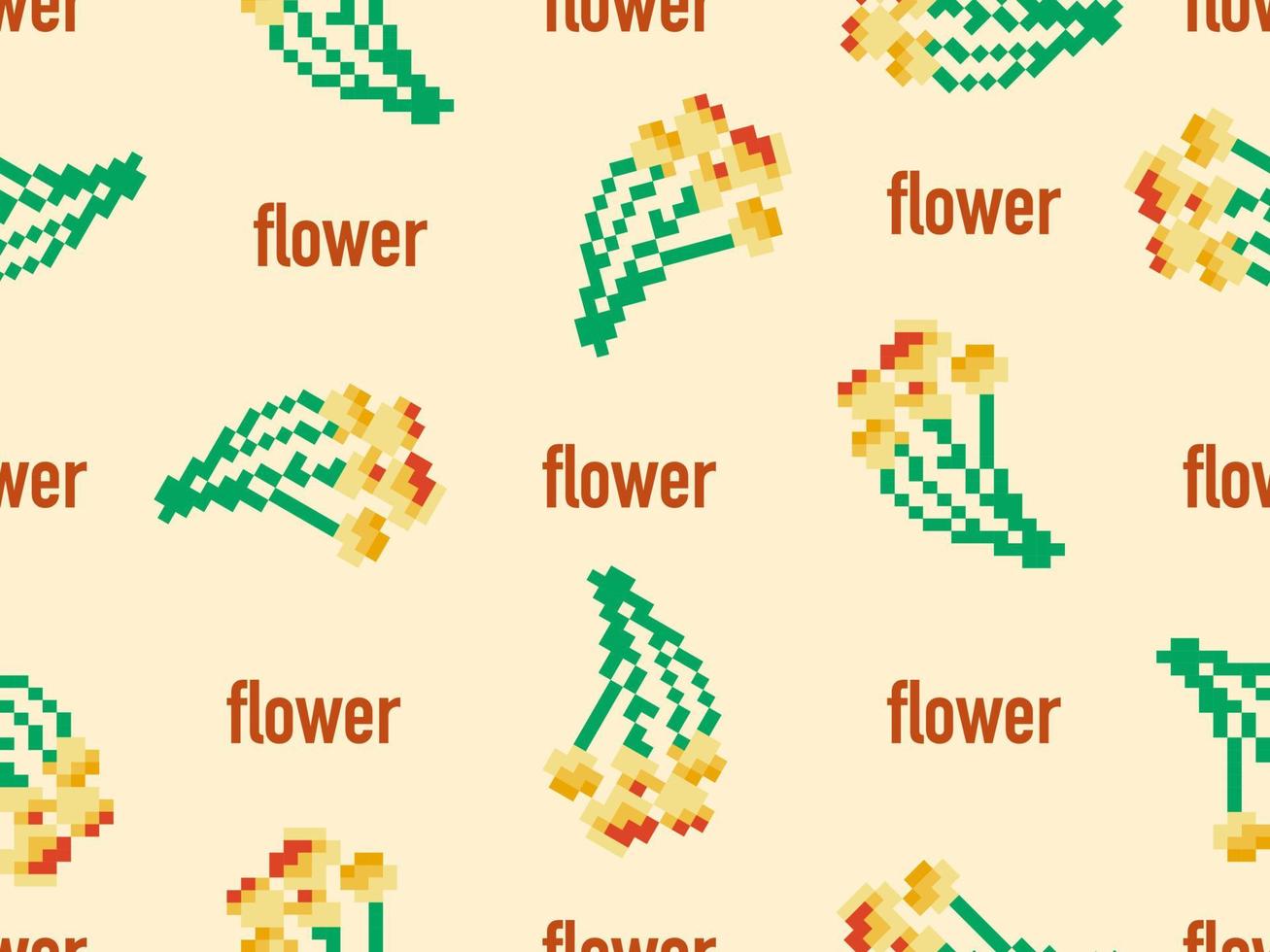 Flower cartoon character seamless pattern on yellow background.Pixel style vector