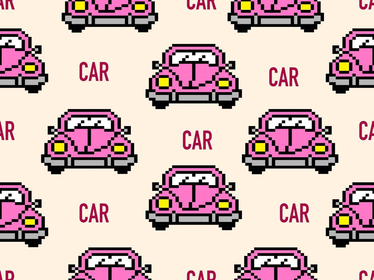 Car cartoon character seamless pattern on yellow background.Pixel style vector