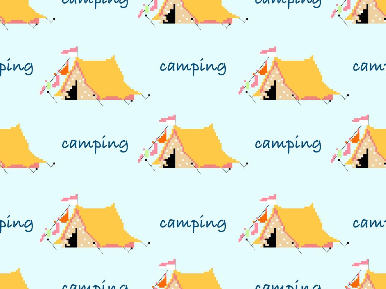 camping cartoon character seamless pattern on blue background.Pixel style vector