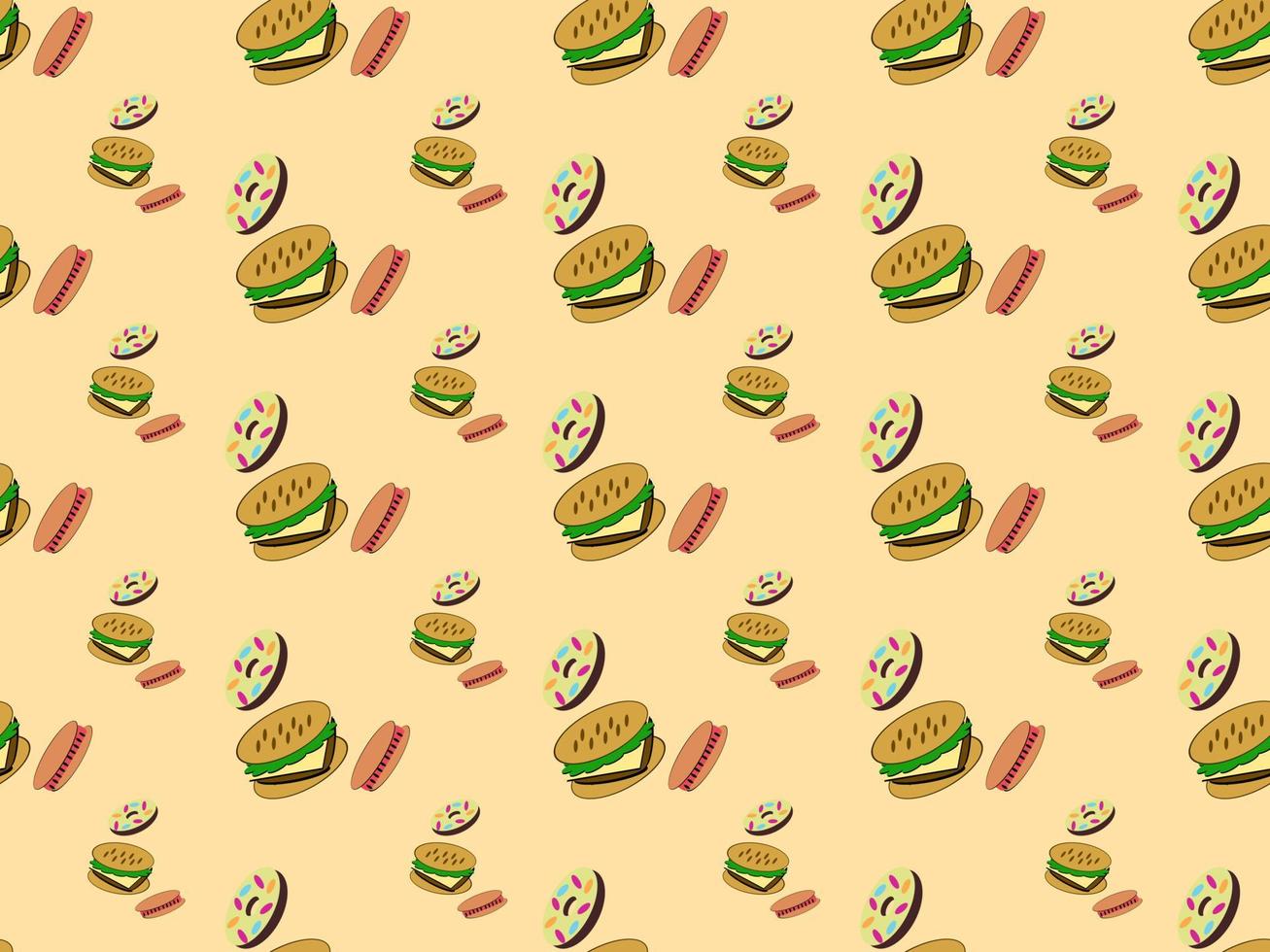 Seamless pattern cartoon characters donuts hamburgers and hot dogs on orange background. vector