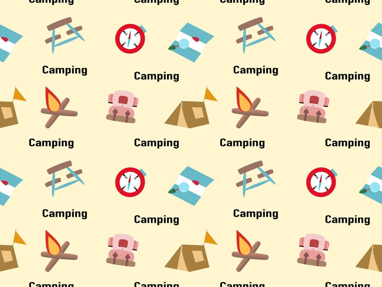 camping equipment cartoon character seamless pattern on cream color background vector