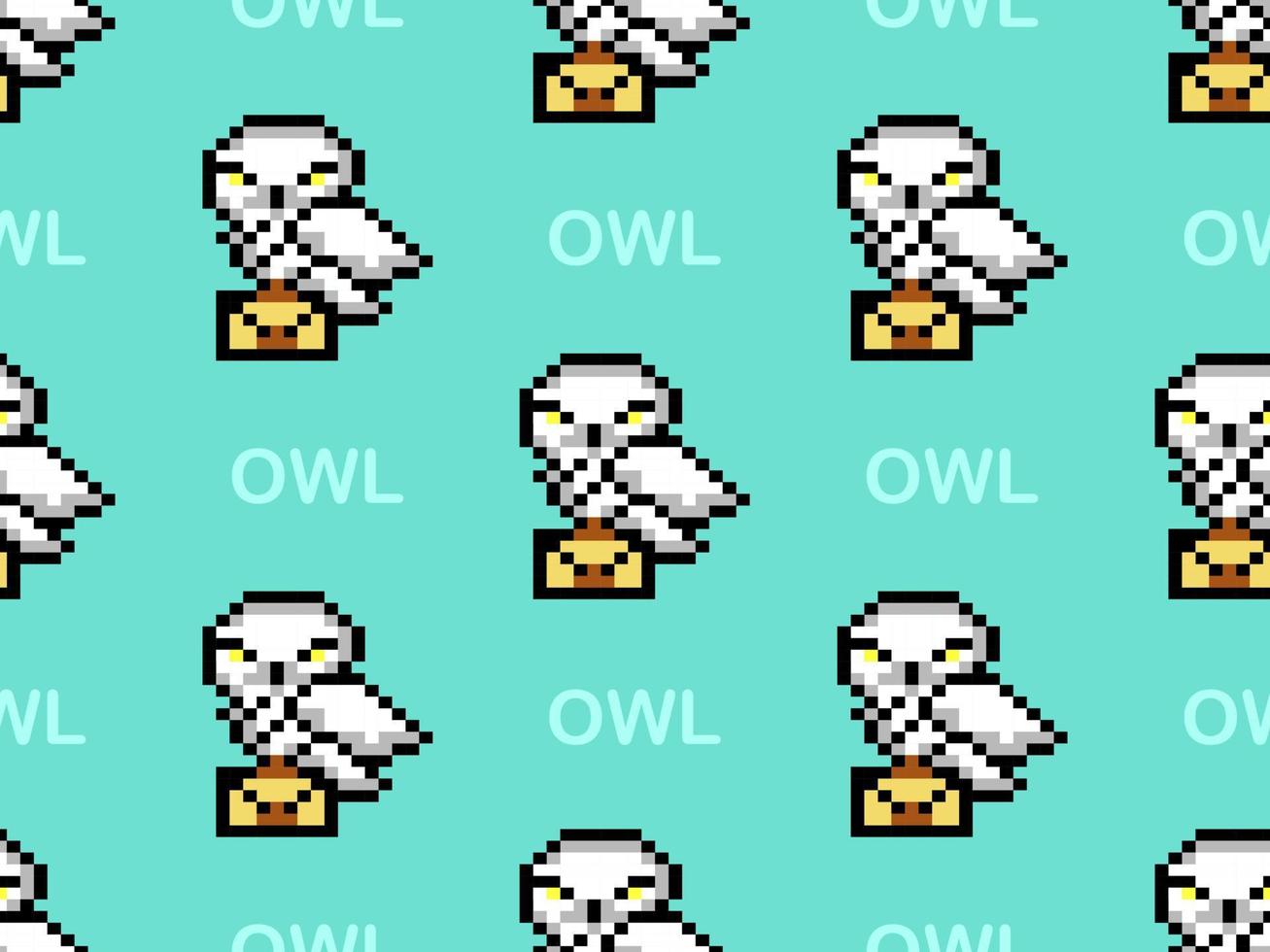 Owl cartoon character seamless pattern on green background.Pixel style vector