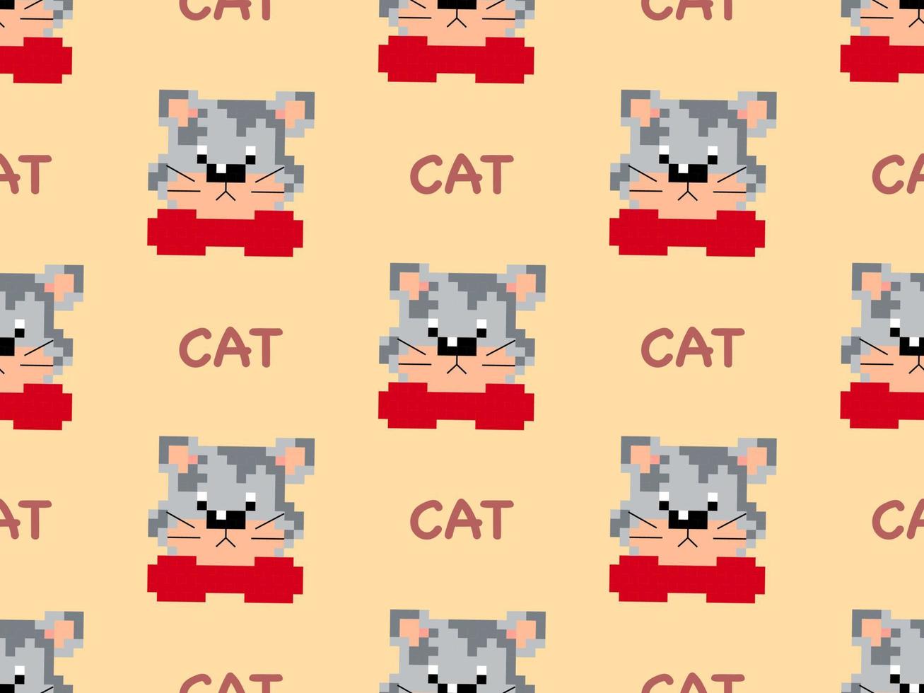 Cat cartoon character seamless pattern on orange background. Pixel style vector