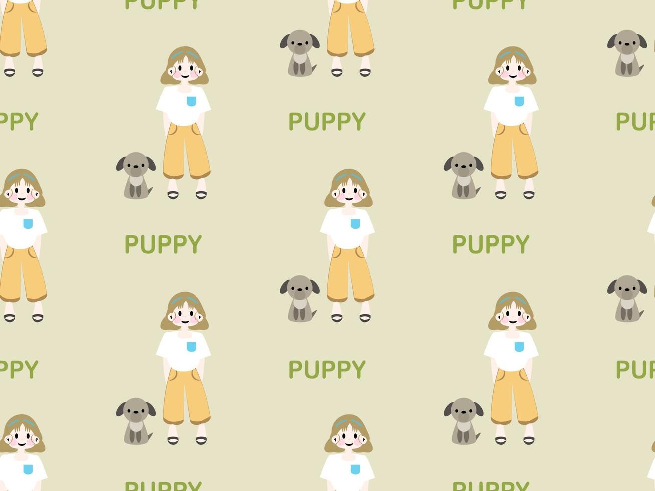 girl and puppy cartoon character seamless pattern on green background vector