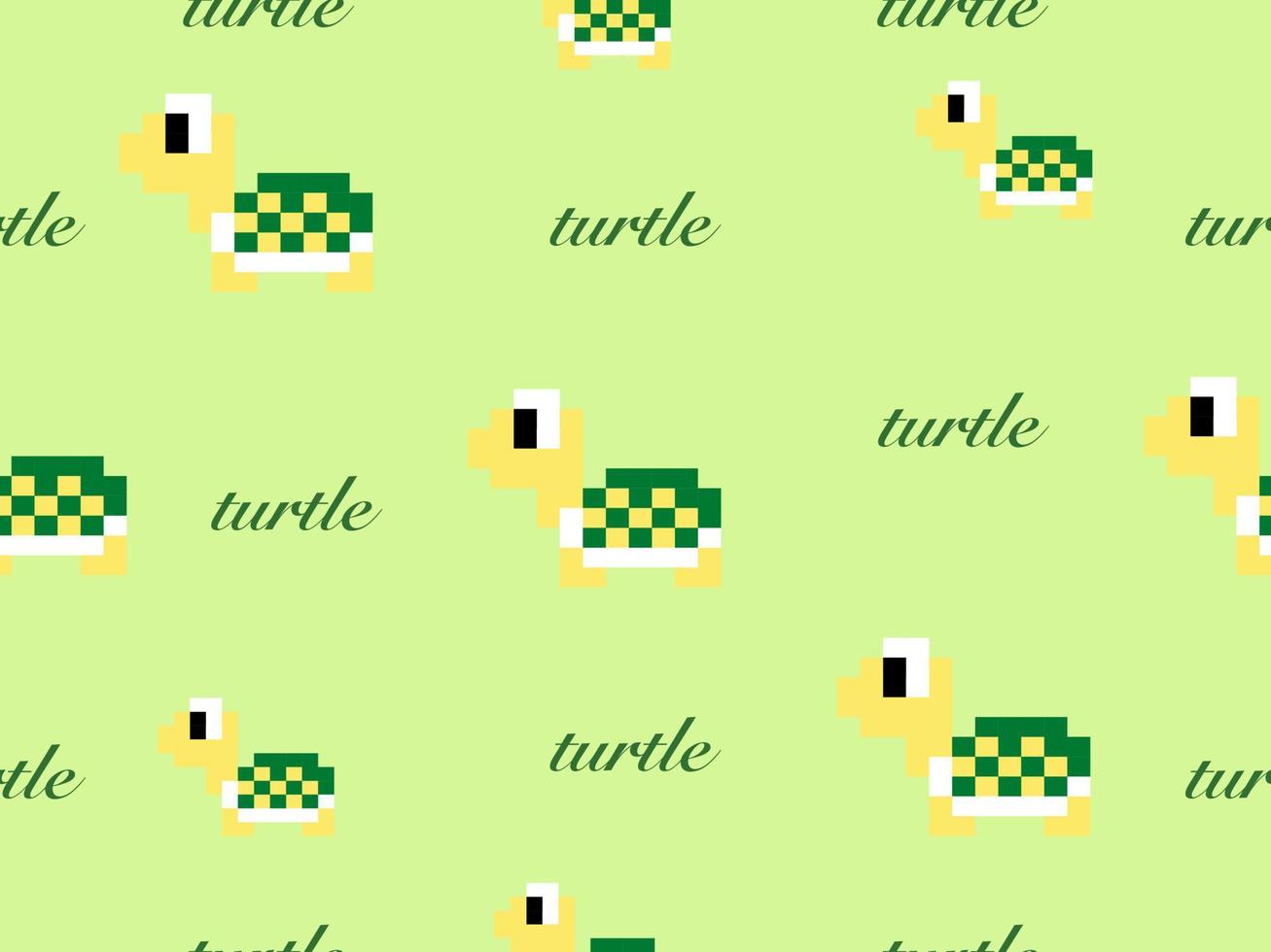 Turtle cartoon character seamless pattern on green background.Pixel style vector