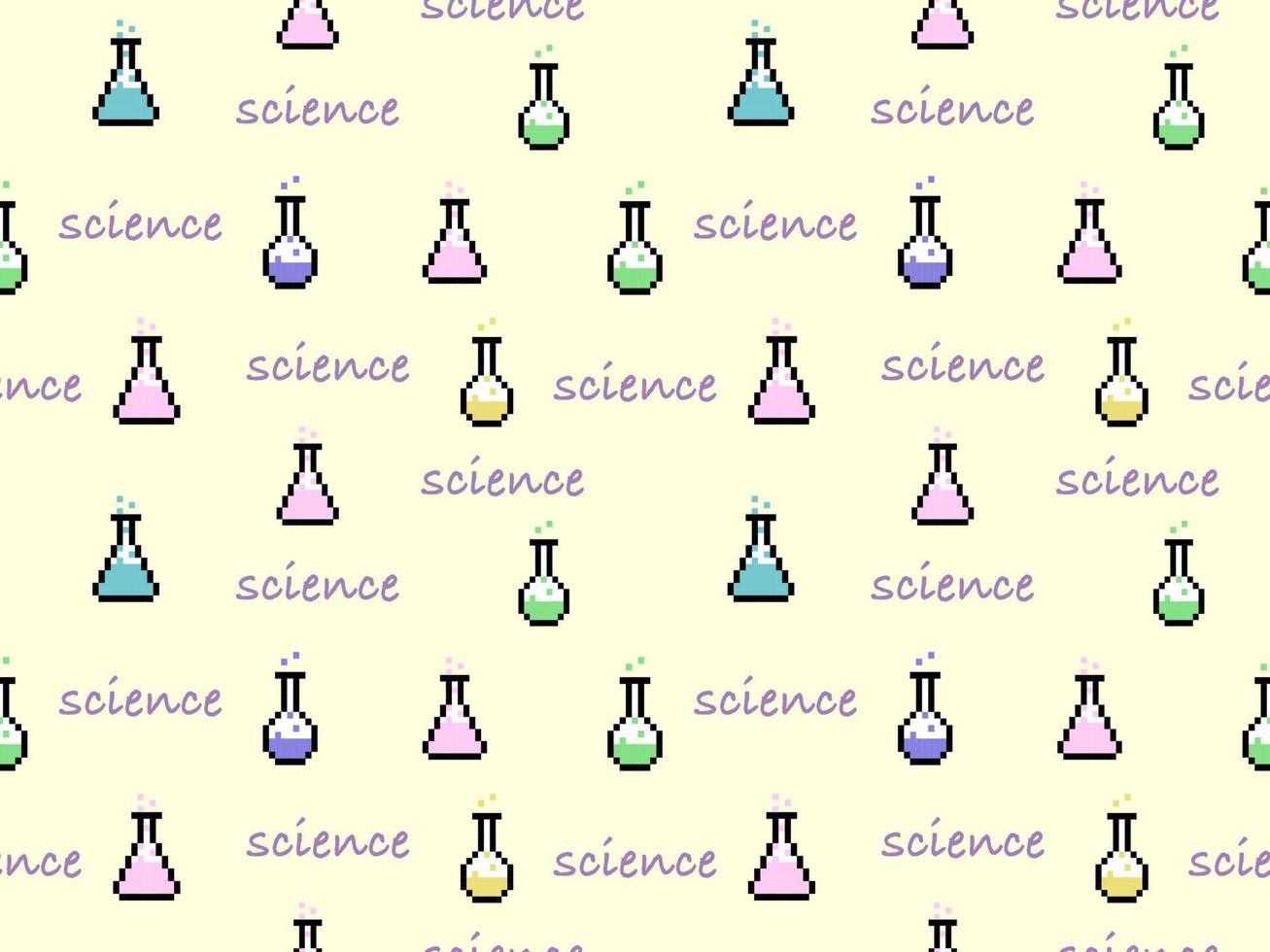 Test tube cartoon character seamless pattern on yellow background.Pixel style vector