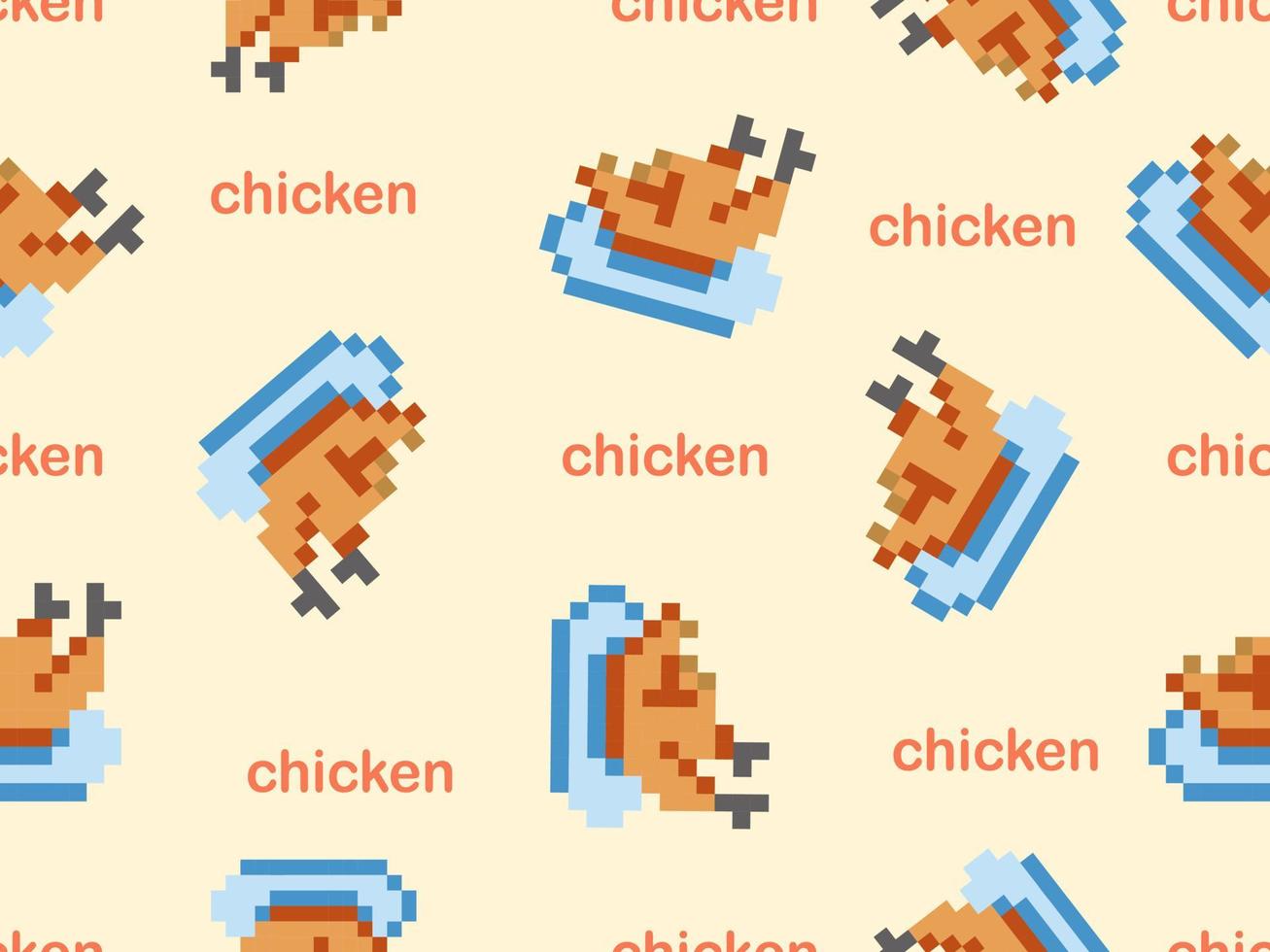 Chicken drumstick cartoon character seamless pattern on yellow background.Pixel style vector