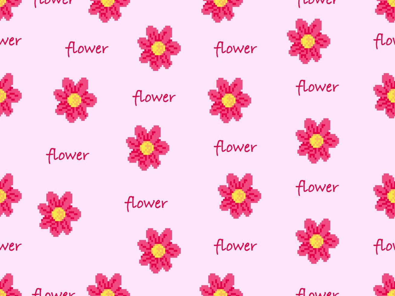 Flower cartoon character seamless pattern on pink background.Pixel style vector