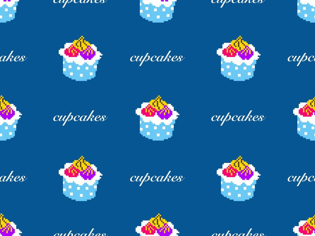 cupcake cartoon character seamless pattern on blue background.Pixel style vector