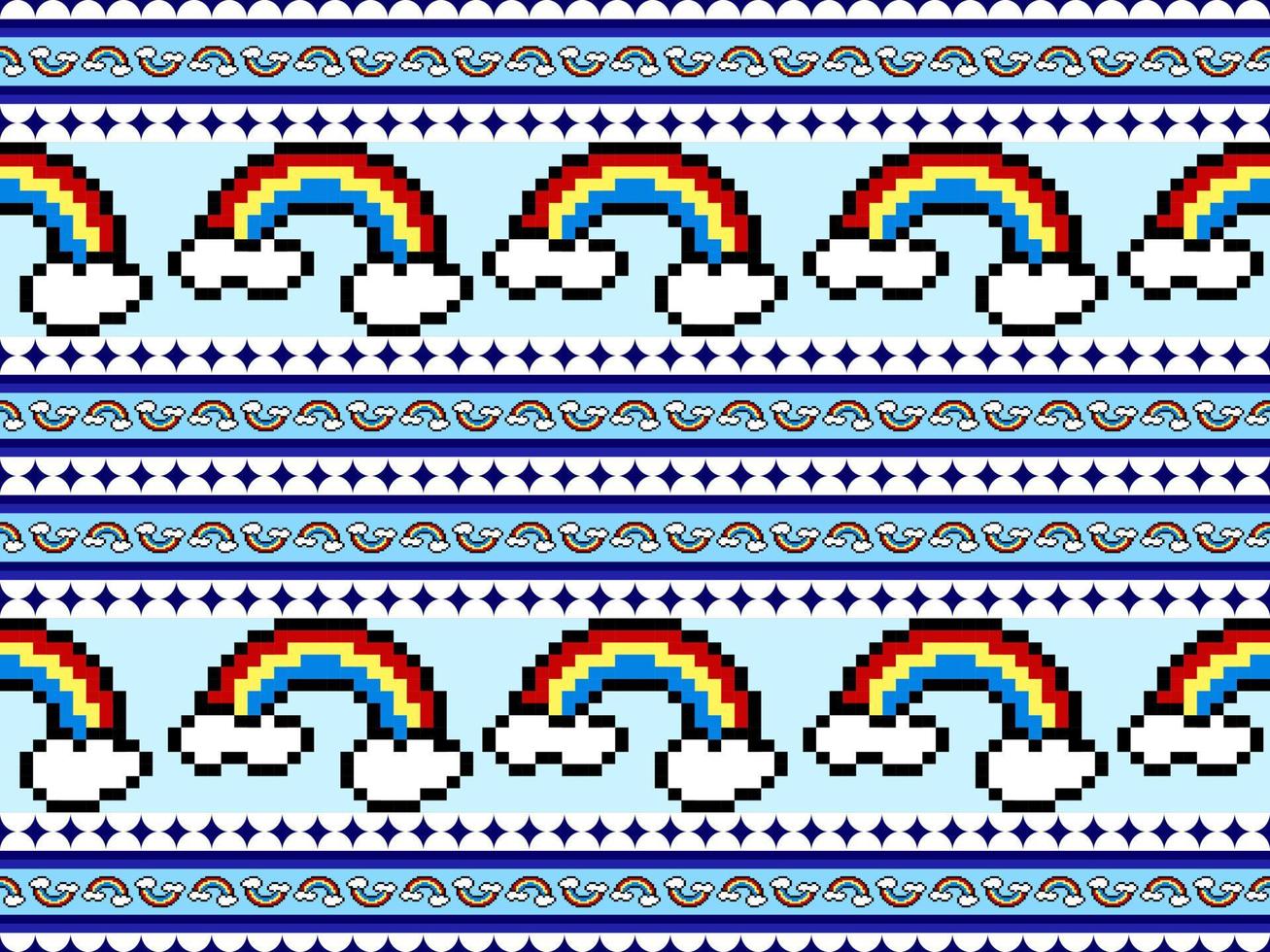Rainbow cartoon character seamless pattern on blue background.Pixel style vector