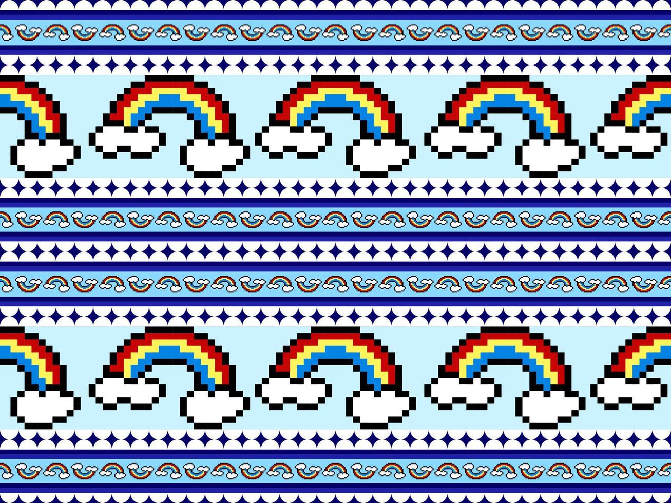 personaje de dibujos animados de arco iris de patrones sin fisuras sobre fondo azul.estilo de píxel vector